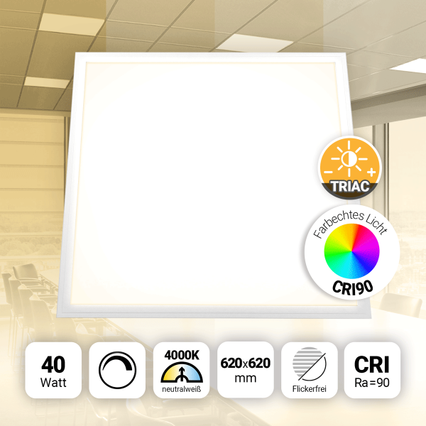 LED Panel 62x62 Neutralweiß 4000K 40W CRI90 dimmbar Triac Hohe Farbwiedergabe PLs3.0