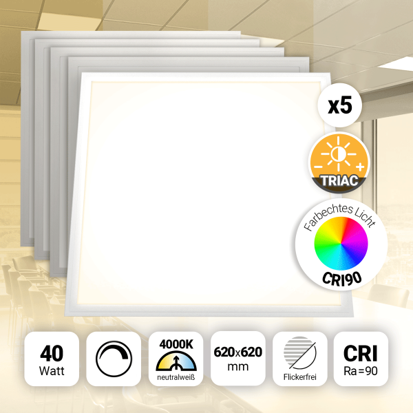 5x LED Panel 62x62 Neutralweiß 4000K 40W CRI90 dimmbar Triac Hohe Farbwiedergabe PLs3.0