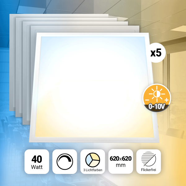 5x LED Panel 62x62 3CCT 3000K-4000K-6000K 40W dimmbar 0-10V PLs3.0