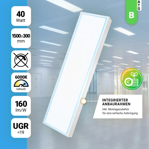 LED Anbaupanel 150x30cm Tageslichtweiß 6000K 40W UGR<19 6400lm Anbauleuchte BLt