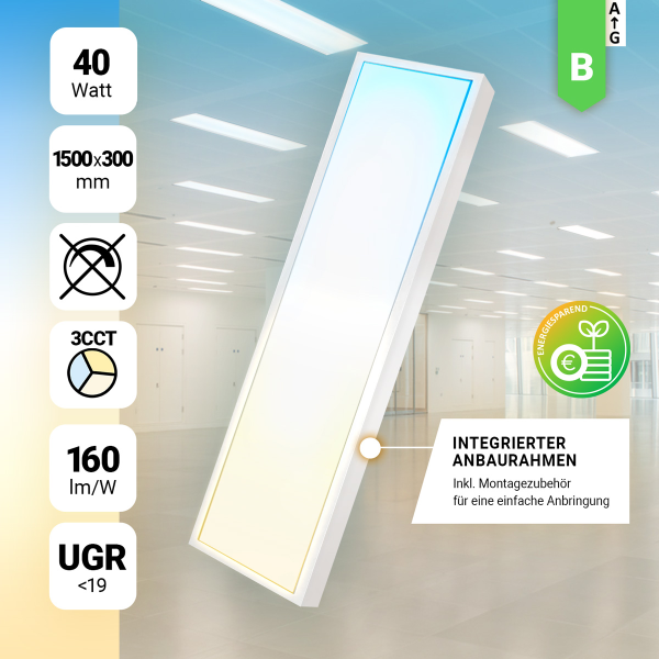LED Anbaupanel 150x30cm 3CCT 3000/4000/6000K UGR<19 6400lm 40W Aufbauleuchte BLt