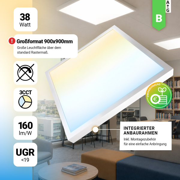 LED Anbaupanel 90x90cm 3CCT 3000/4000/6000K 38W 6080lm UGR<19 Aufbauleuchte BLt