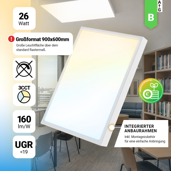 LED Anbaupanel 90x60cm 3CCT 3000K 4000K 6000K 26W 4160lm UGR<19 Aufbaupanel BLt