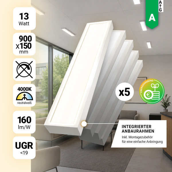 5x LED Anbaupanel 90x15cm Neutralweiß 4000K 13W UGR<19 2080lm Anbauleuchte BLt