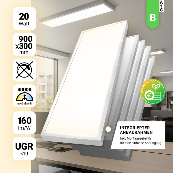 5x LED Anbaupanel 90x30cm Neutralweiß 4000K 20W UGR<19 3200lm Aufbauleuchte BLt