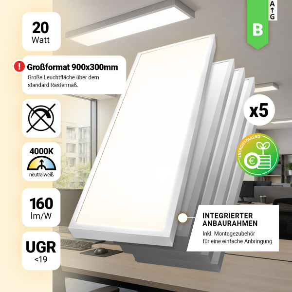 5x LED Anbaupanel 90x30cm Neutralweiß 4000K 20W UGR<19 3200lm Aufbauleuchte BLt