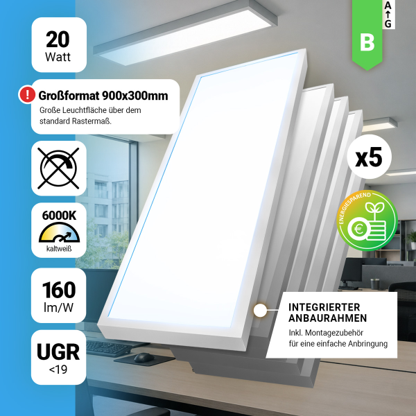 5x LED Anbaupanel 90x30cm Tageslichtweiß 6000K 20W UGR<19 Aufbaurahmen Aufbauleuchte BLt