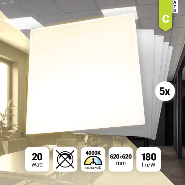 5x LED Panel 62x62 Neutralweiß 4000K 20W 180lm BLa