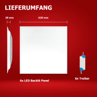 6x LED Backlit Panel 62x62 Neutralweiß 4000K 20W 180lm nicht dimmbar BLa