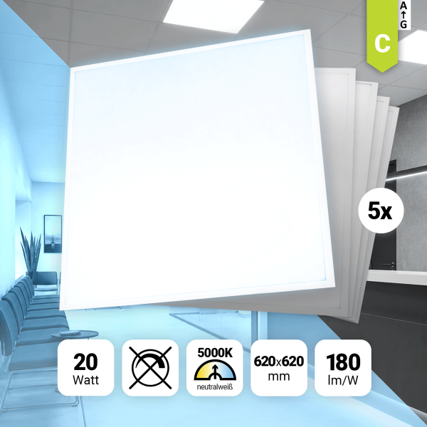 5x LED Backlit Panel 62x62 Neutralweiß 5000K 20W 180lm nicht dimmbar BLa