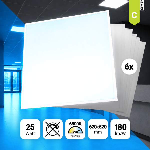 6x LED Backlit Panel 62x62 Kaltweiß 6500K 20W 180lm nicht dimmbar BLa