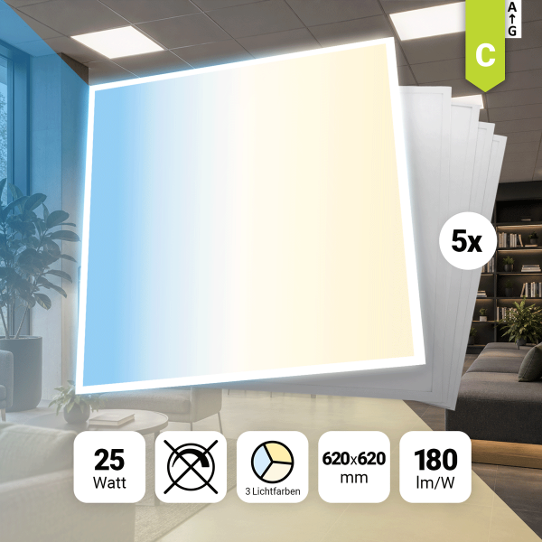 5x LED Backlit Panel 62x62 3000/4000/6500K 25W 180lm nicht dimmbar BLa