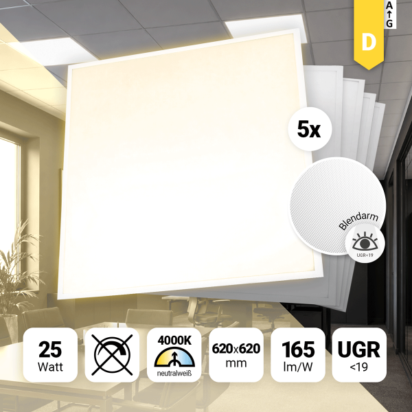 5x LED Backlit Panel 62x62 Neutralweiß 4000K 25W UGR19 165lm nicht dimmbar BLa