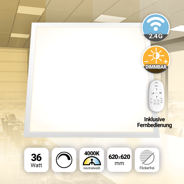 LED Panel 62x62 Neutralweiß 4000K 36W dimmbar 2.4G Fernbedienung Slim Alu PLs3.0