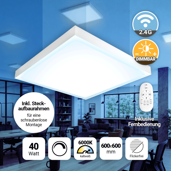 LED Panel 60x60 Tageslichtweiß 6000K 40W dimmbar Fernbedienung Steck-Aufbaurahmen PLe2.2